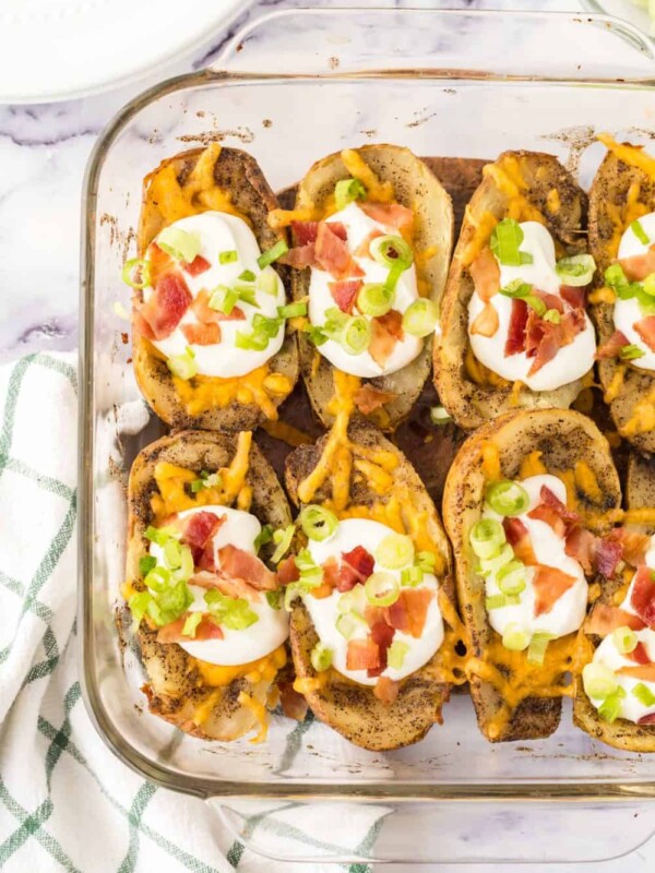 baked potato skins lined in a casserole dish