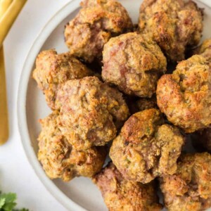 stack of turkey meatballs on a round plate