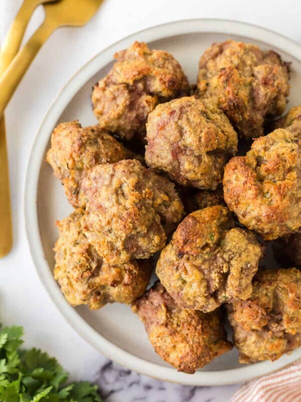 stack of turkey meatballs on a round plate