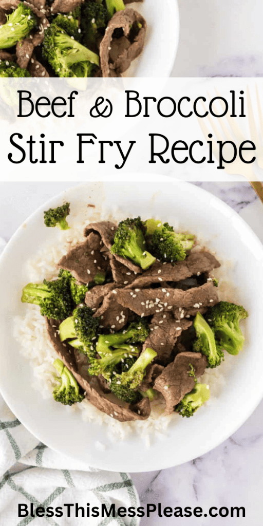 Beef and broccoli stir fry in a bowl with words.
