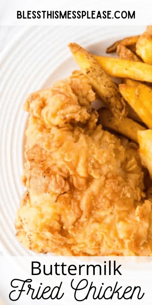 Close up view of buttermilk fried chicken with text