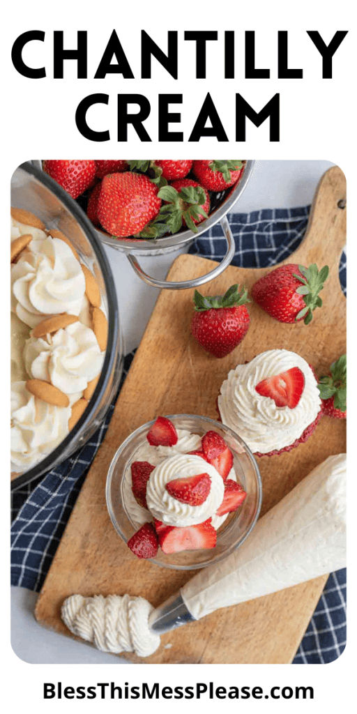 pin with text that reads Chantilly cream recipe with images of whipped cream