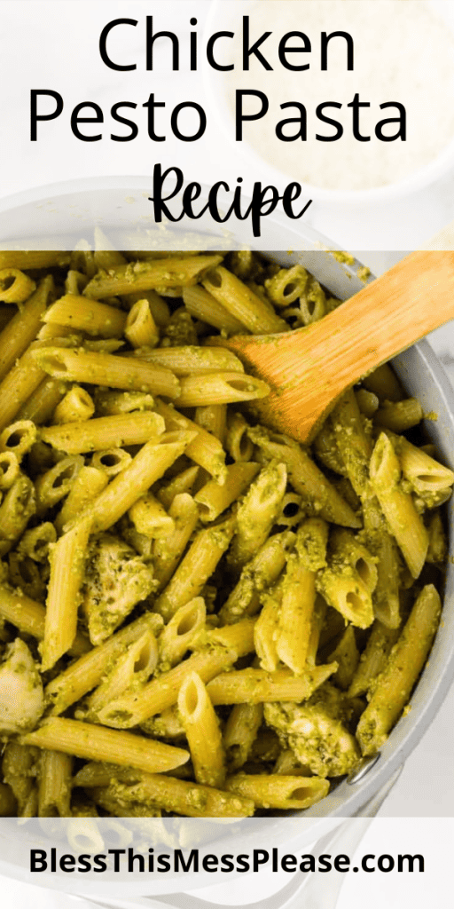 POV close up on chicken pesto pasta with text