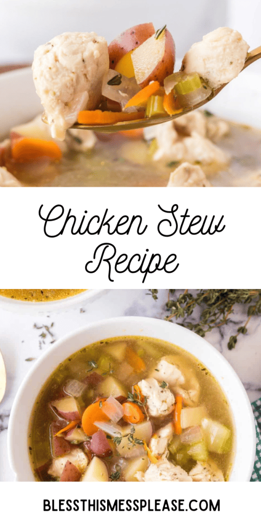 pin with text that reads chicken stew recipe