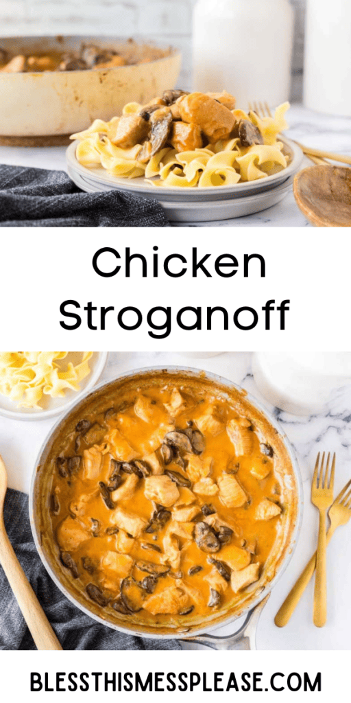 pin with text that reads chicken stroganoff recipe