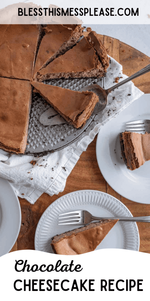 Sliced up chocolate cheesecake with text