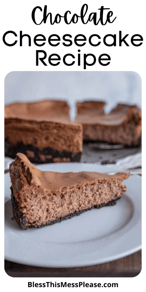 Slice of chocolate cheesecake with words