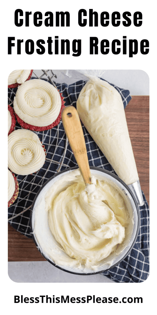Mixing bowl, piping bag and cupcakes featuring cream cheese frosting