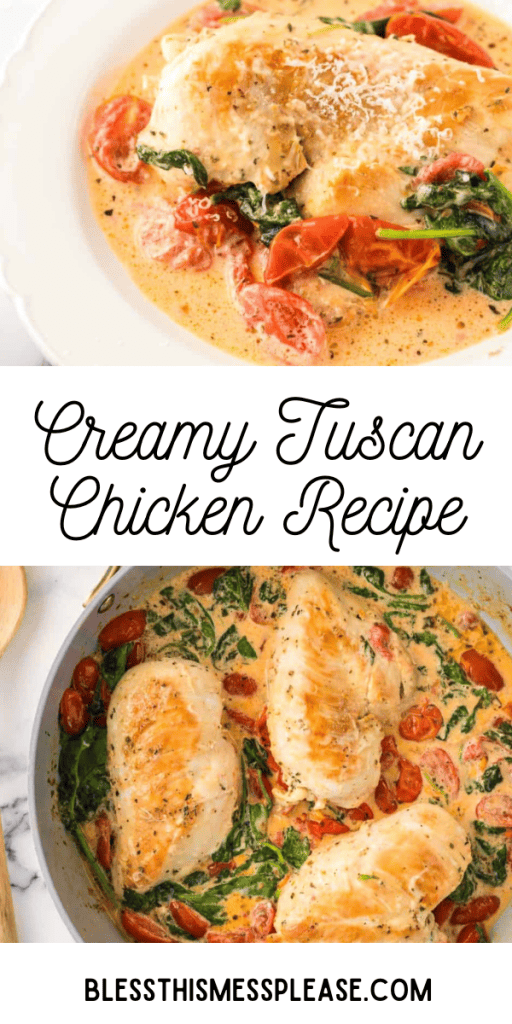 Creamy tuscan chicken in a pan and plated up