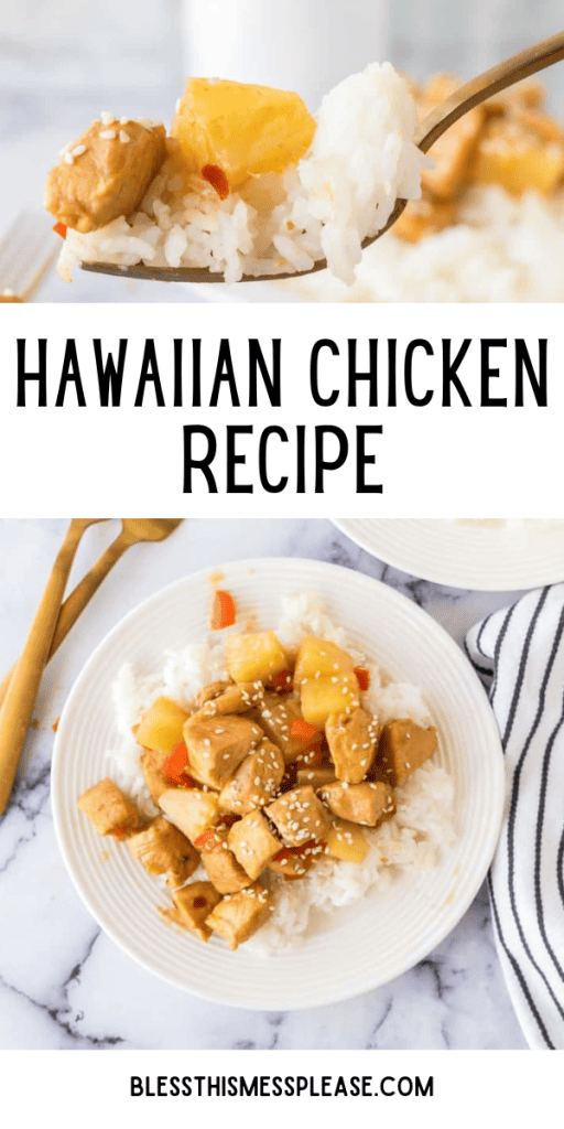 pin with text that reads hawaiian chicken with cooked chicken bites over a bed of rice with sesame