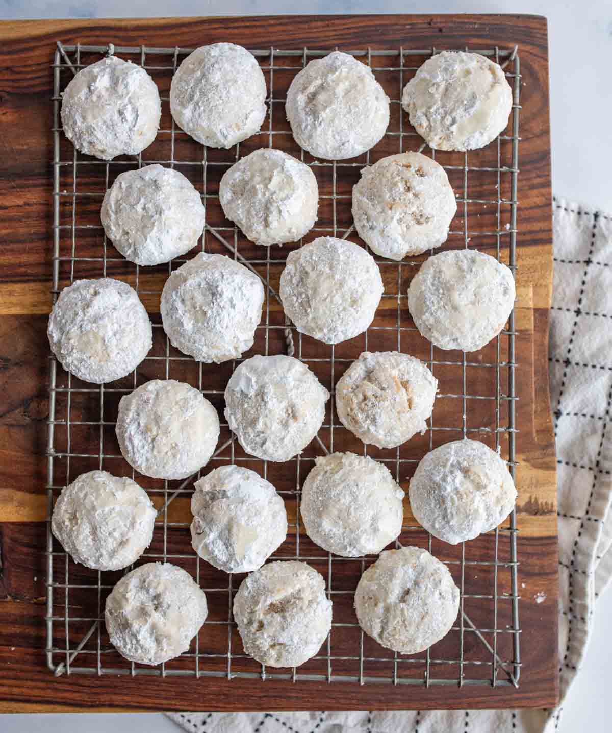 top view of Italian wedding cookies on a cooling rack