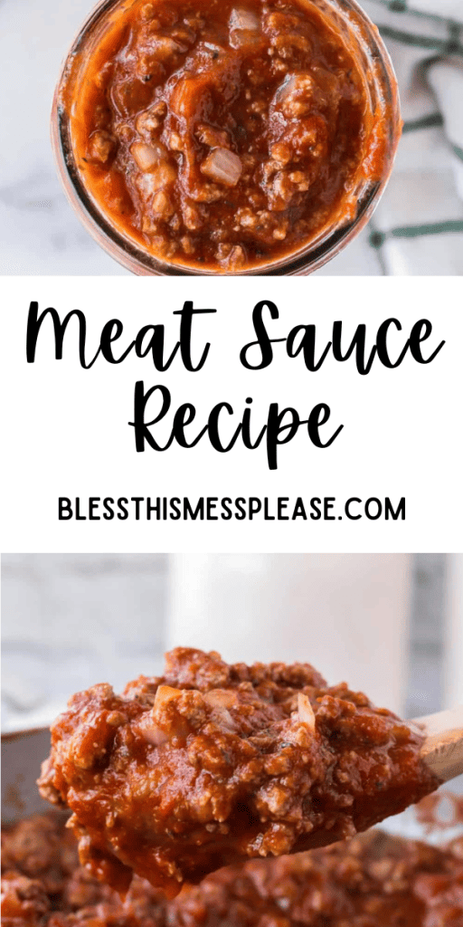 pin with text that reads meat sauce recipe with images of the red sauce in a ball mason jar