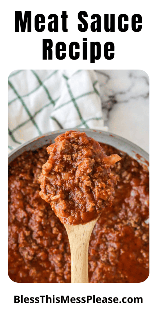 pin with text that reads meat sauce recipe with images of the red sauce in a sauce pan on a wooden spoon