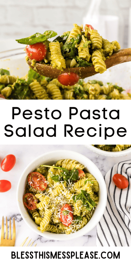 pin with text that reads pesto pasta salad recipe with images of spiral pasta with bright green pesto and herbs
