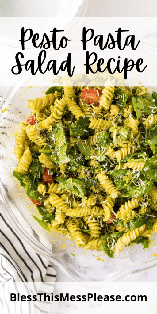 pin with text that reads pesto pasta salad recipe with images of spiral pasta with bright green pesto and herbs