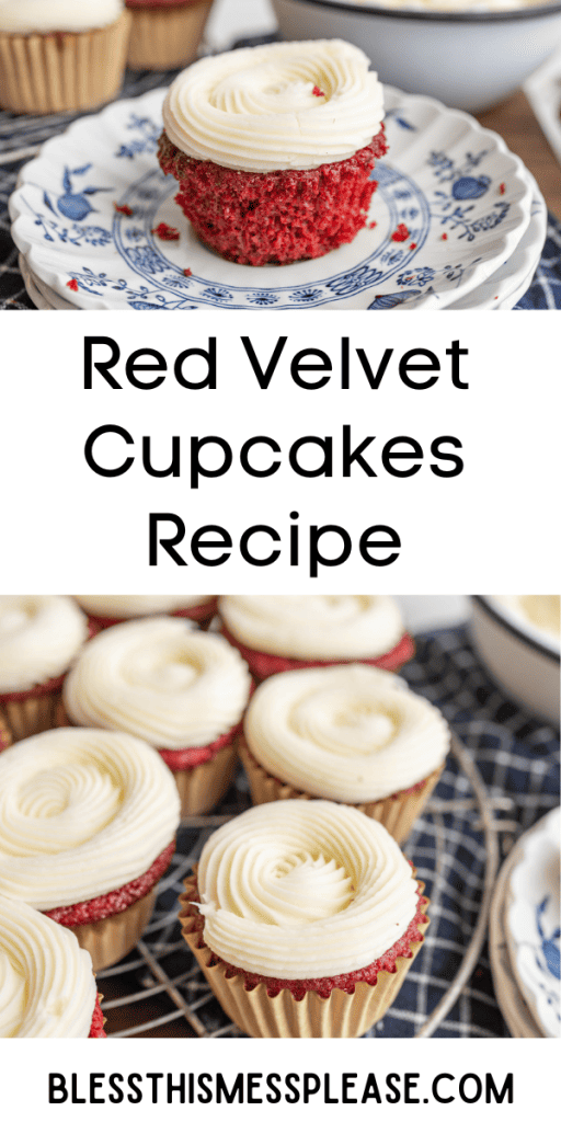 pin with image that reads red velvet cupcakes recipe