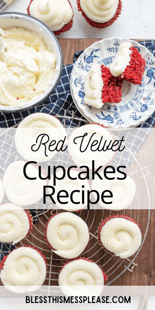 pin with image that reads red velvet cupcakes recipe