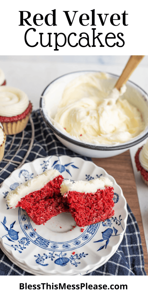 pin with image that reads red velvet cupcakes recipe