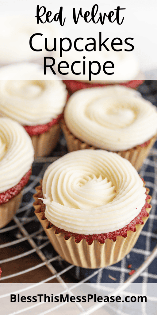 pin with image that reads red velvet cupcakes recipe