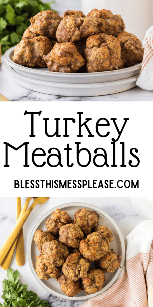 pin with text that reads turkey meatballs with image of turkey meatballs on a round plate