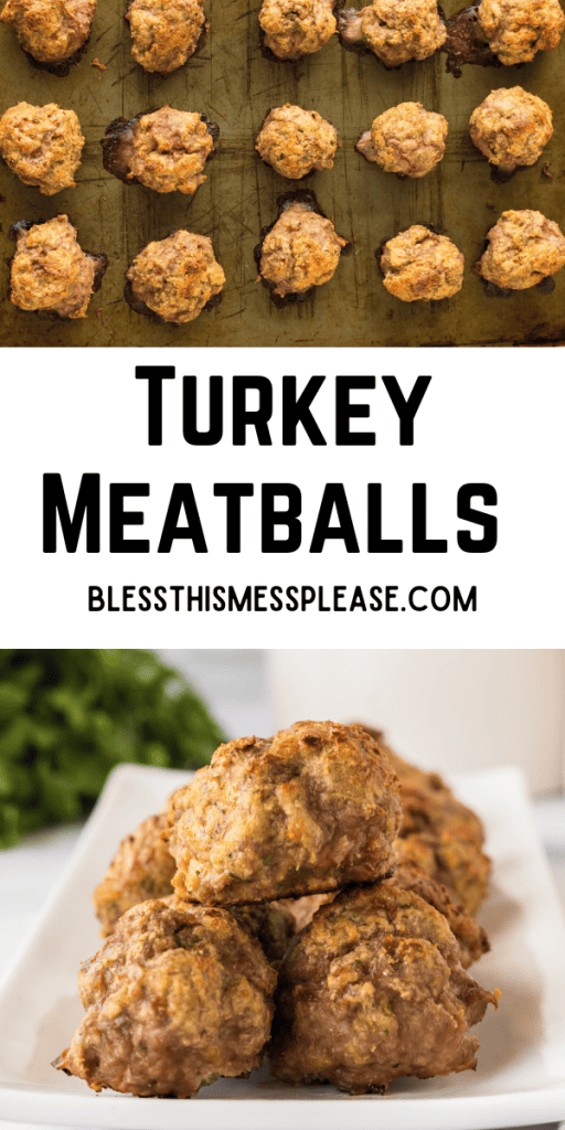 pin with text that reads turkey meatballs with image of turkey meatballs on a plate