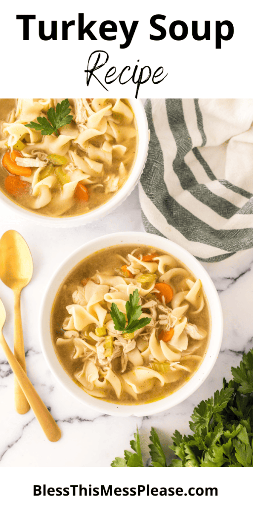 pin with text that reads turkey soup recipe with image of turkey and noodle soup in white serving bowls