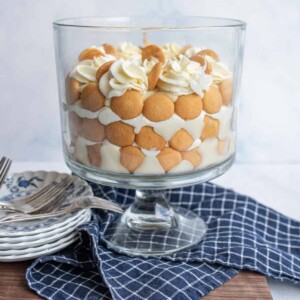 banana pudding in a tall glass dish do you can see the layers