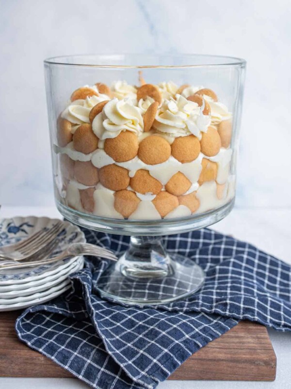 banana pudding in a tall glass dish do you can see the layers