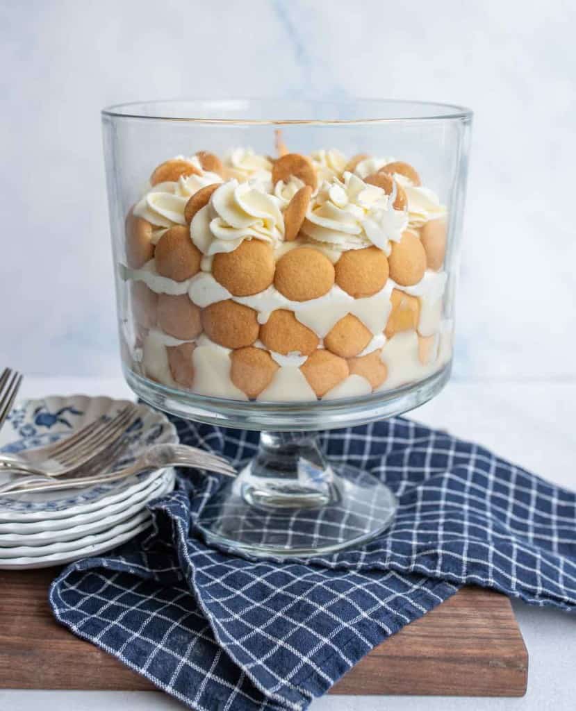 banana pudding in a tall glass dish do you can see the layers