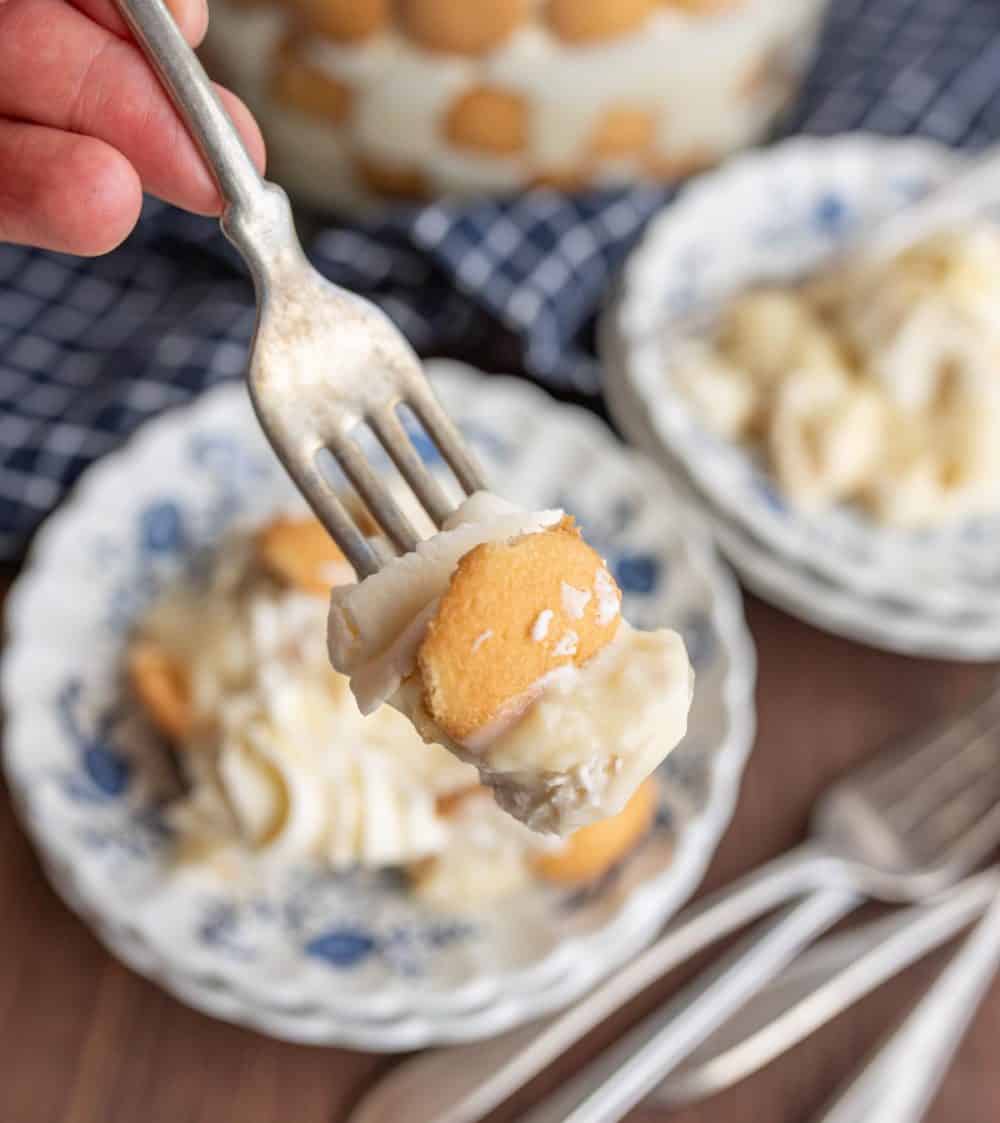 close up POV of fork with a bite of banana pudding