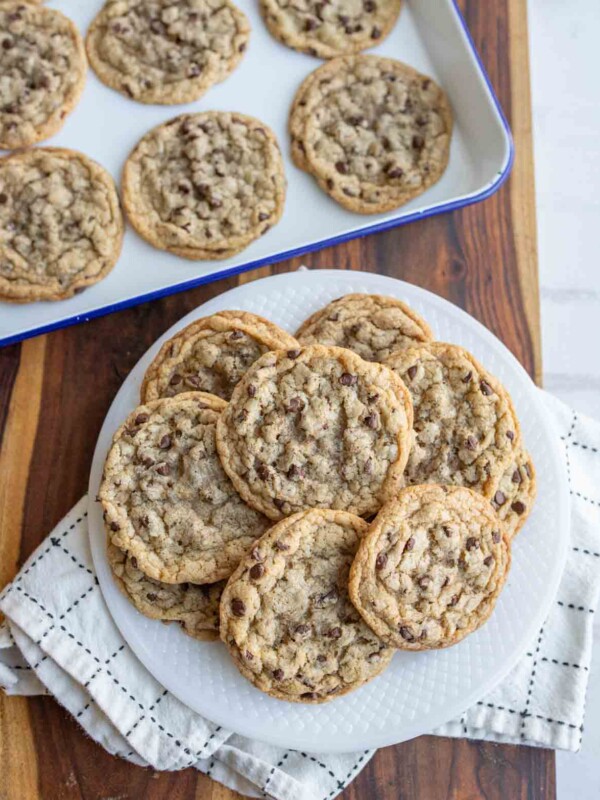 top view of a stack of brown butter chocolate chip cookies on a plate