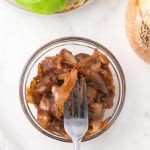 caramelized onion top view in a clear dish