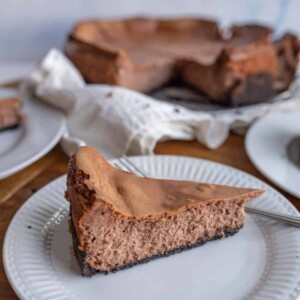 Side view of a slice of chocolate cheesecake