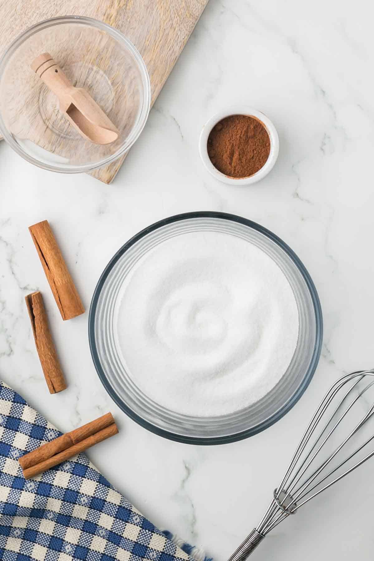 cinnamon sugar radio in mixing bowls