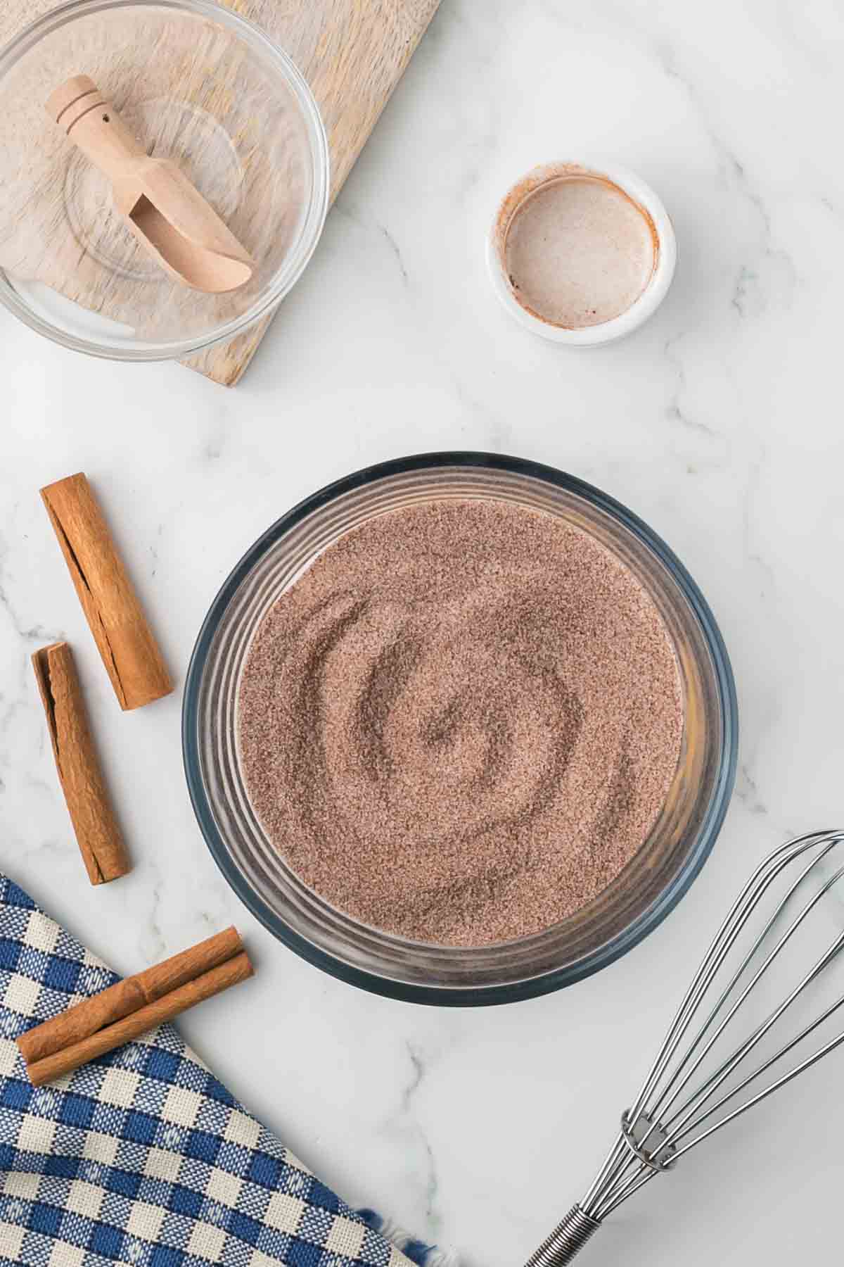 cinnamon sugar radio in mixing bowls