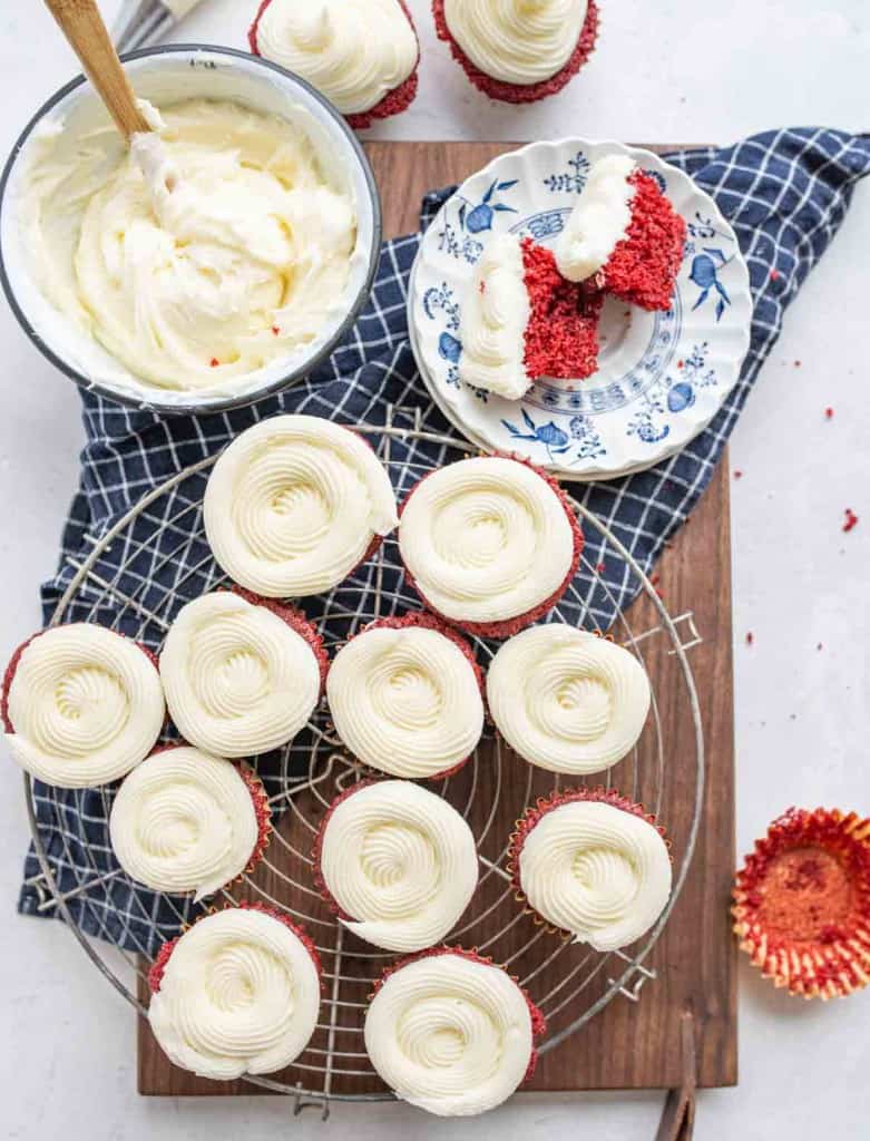 Cream cheese frosting on cupcakes.