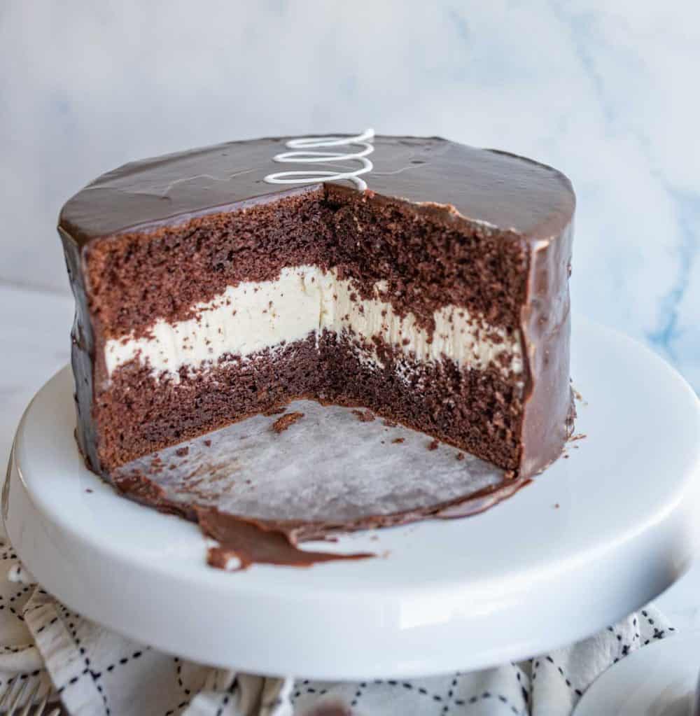 whole ding dong cake with 1/3 sliced cut out