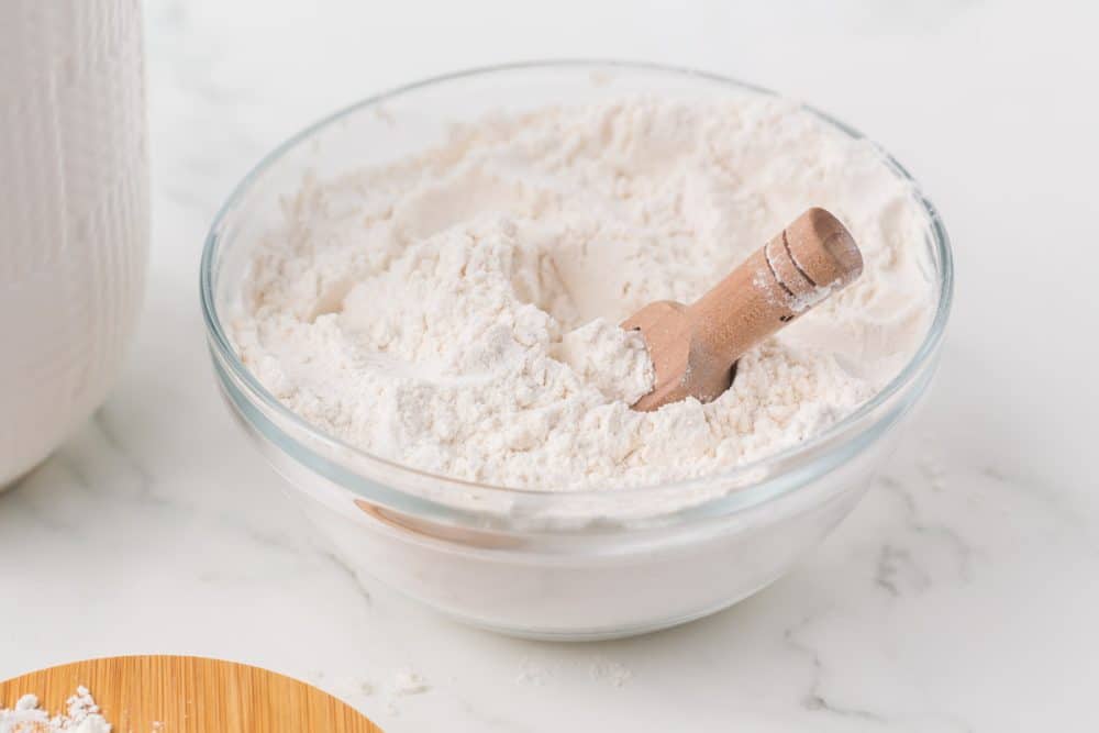 clear bowl with self rising flour inside