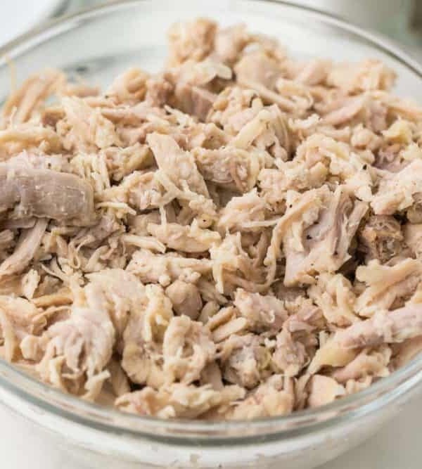 shredded chicken in a clear bowl