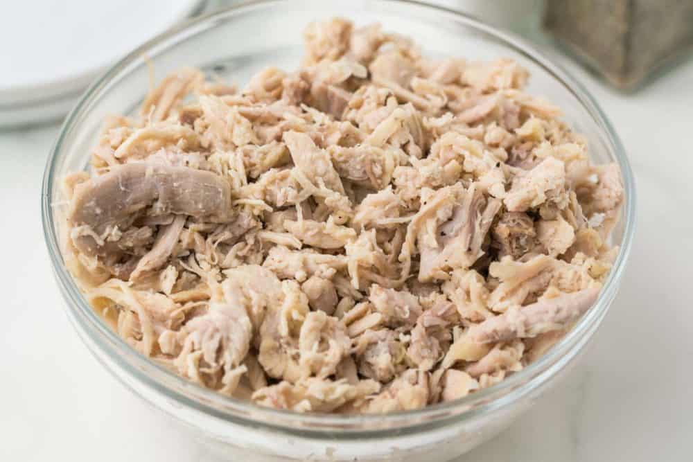 shredded chicken in a clear bowl