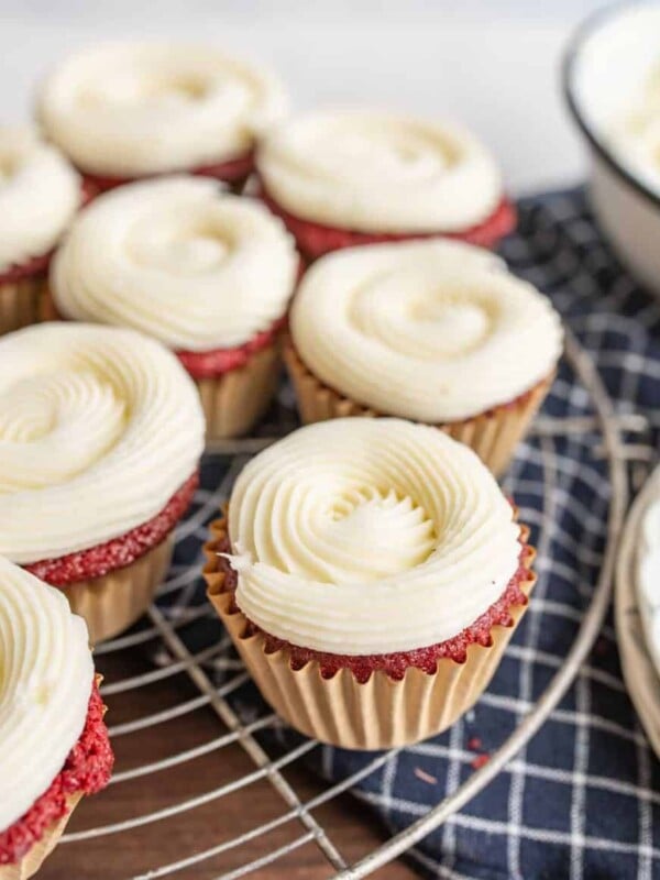 red velvet cupcakes with piped iced cream cheese frosting