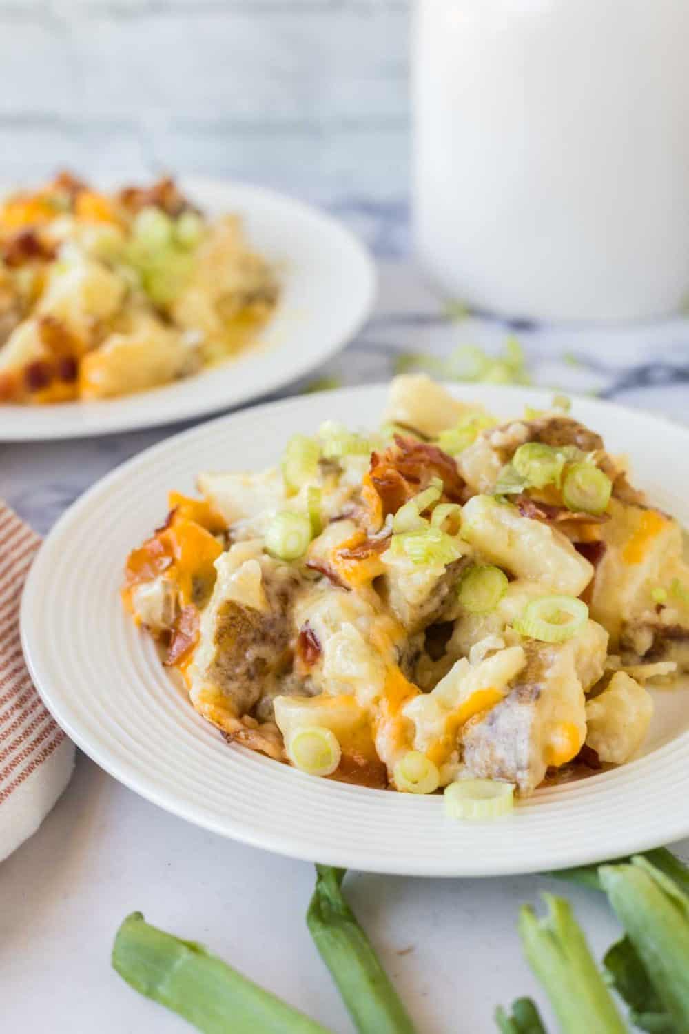 twice baked potato casserole on a white plate