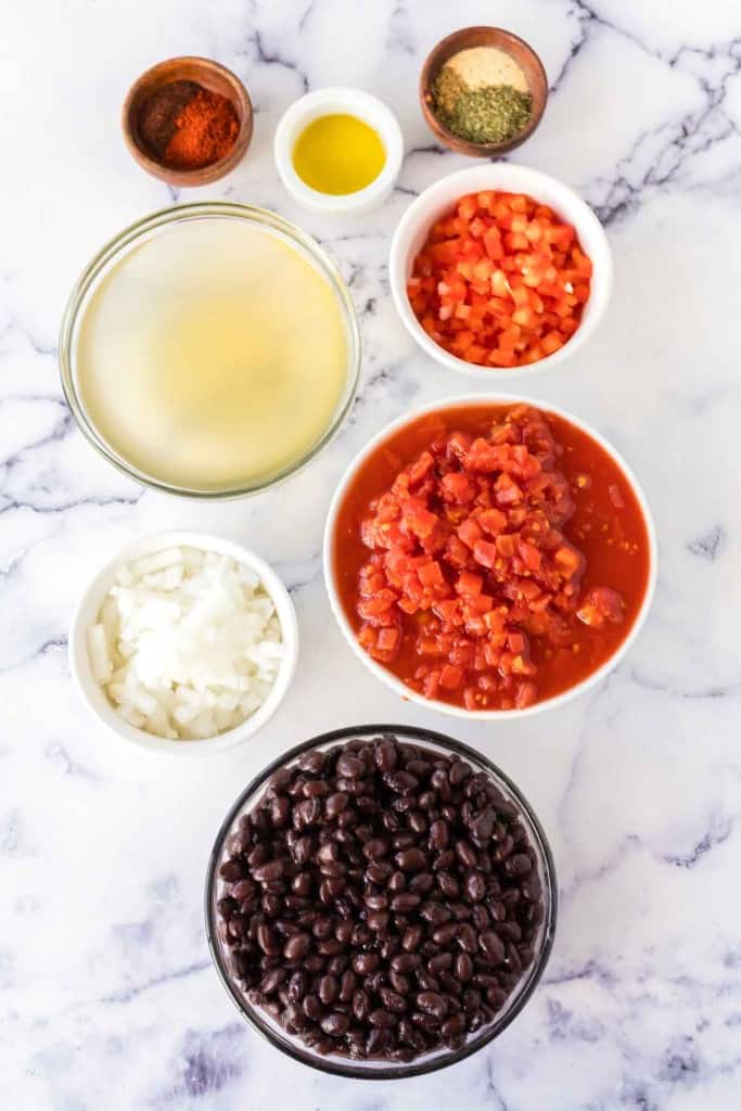 bowls of ingredients for vegetarian chili