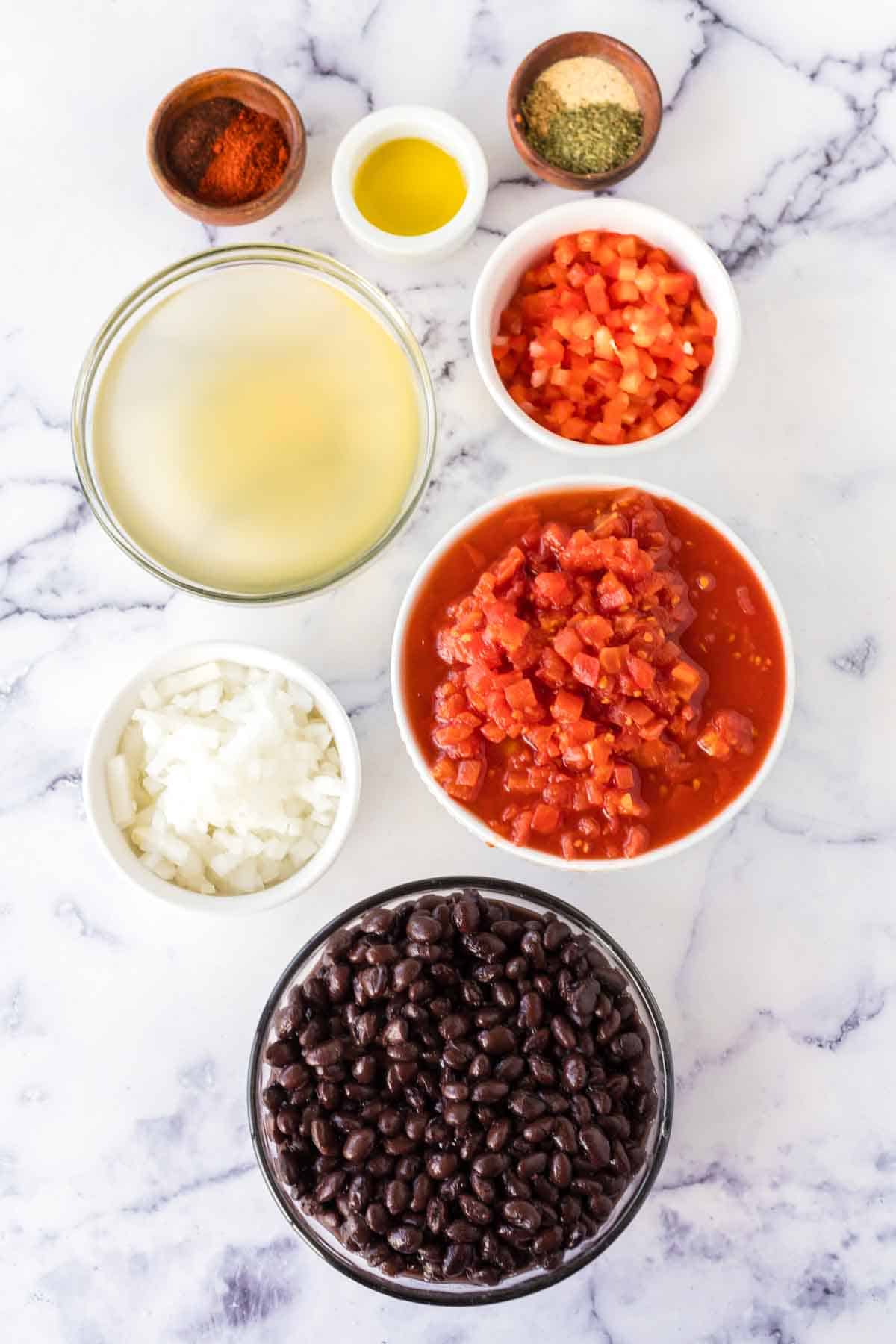 bowls of ingredients for vegetarian chili