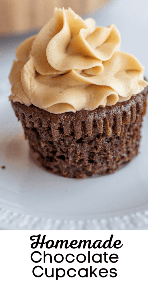 close up of one chocolate cupcake with peanut butter frosting