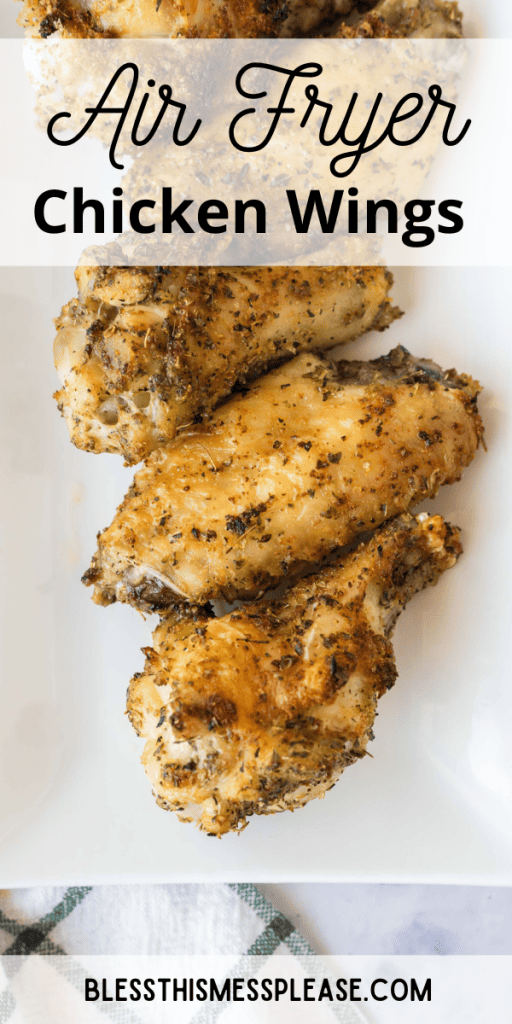 pin with text that reads air fryer chicken wings with images of perfectly baked and seasoned golden brown wings