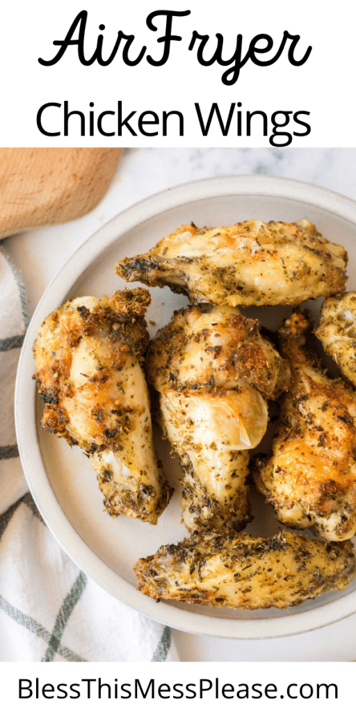 pin with text that reads air fryer chicken wings with images of perfectly baked and seasoned golden brown wings