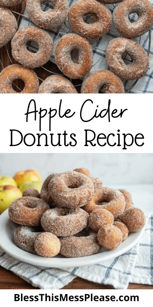 pin with text that reads apple cider donuts recipe with pictures of the sugary dusted donuts and holes on plates and cooling racks