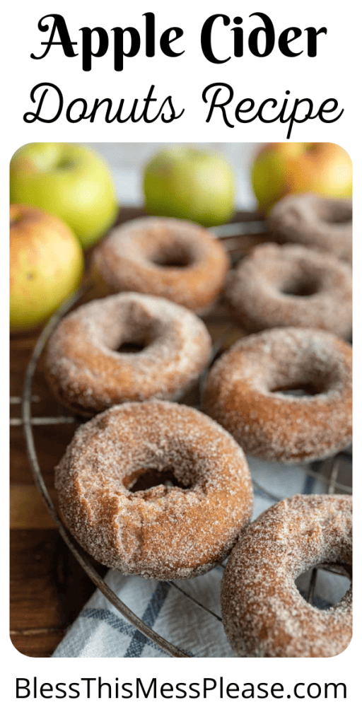 pin with text that reads apple cider donuts recipe with pictures of the sugary dusted donuts and holes on plates and cooling racks