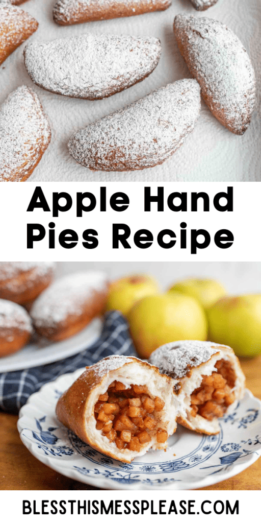 pin with text that reads apple hand pies and images of sugar dusted hand pies